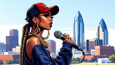 Illustration of a female rapper holding a microphone in front of the Atlanta skyline